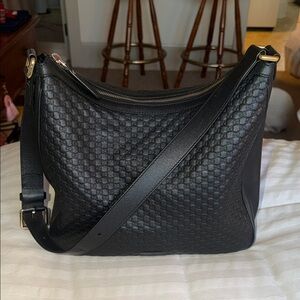 Gucci Black Embossed Leather Hobo Bag with Gold Hardware